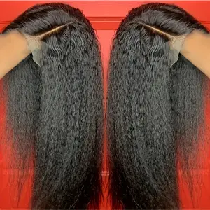 250% Density Kinky Straight Long Synthetic Lace Front Wigs For Women HD Glueless Fluffy Long Yaki Straight HD 13x4 Lace Front Wig Pre Plucked Natural Black Color Suitable for Daily Party Wear