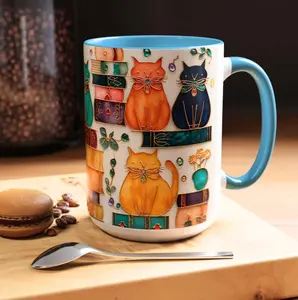 Stained Glass Look Cat Mug, Book Lover Ceramic Coffee Cup Bookish