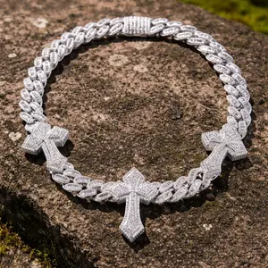 Aurelia Crest 3pcs Cross Icy Miami Cuban Link Chain Necklace Prong Setting 5A Cubic Zirconia Choker HipHop Fashion Jewelry
