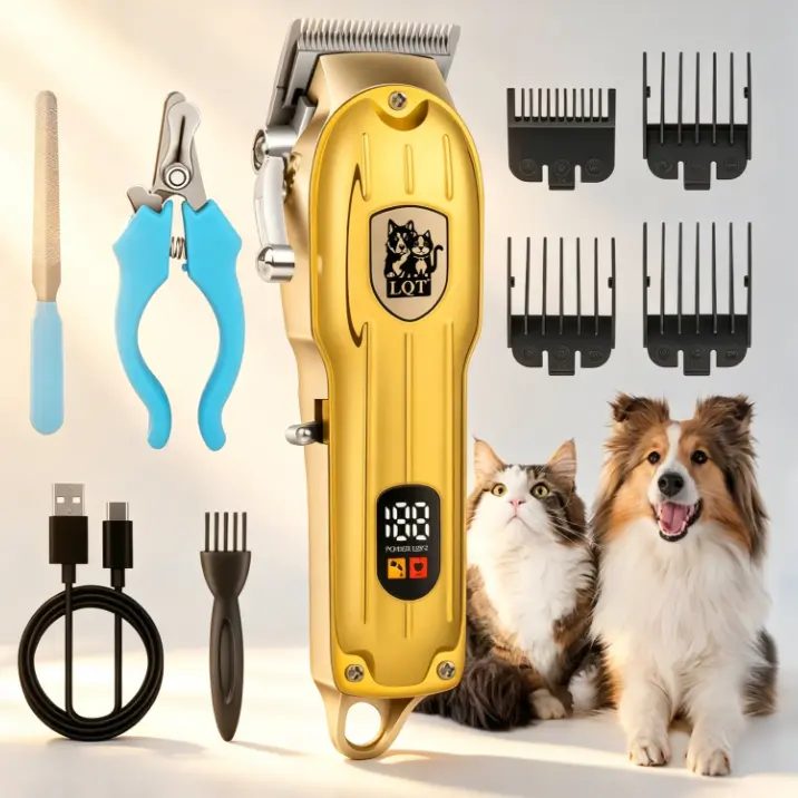 LQT Gold Metal Cordless Pet Hair Clippers Set - LCD Digital Power Display, Low Noise Dog & Cat Grooming Kit, USB Rechargeable Shaver with Nail Clippers, File, Guide Combs for Small/Large Pets