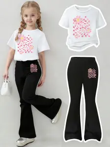 Girls' Casual Cotton T-Shirt & Flare Pants Set - Pink Checkerboard & Daisy Print, Crew Neck, Elastic Waist, Retro Y2K Style, Soft Skin-Friendly, Daily Wear, Machine Washable, Casual Outfit Set