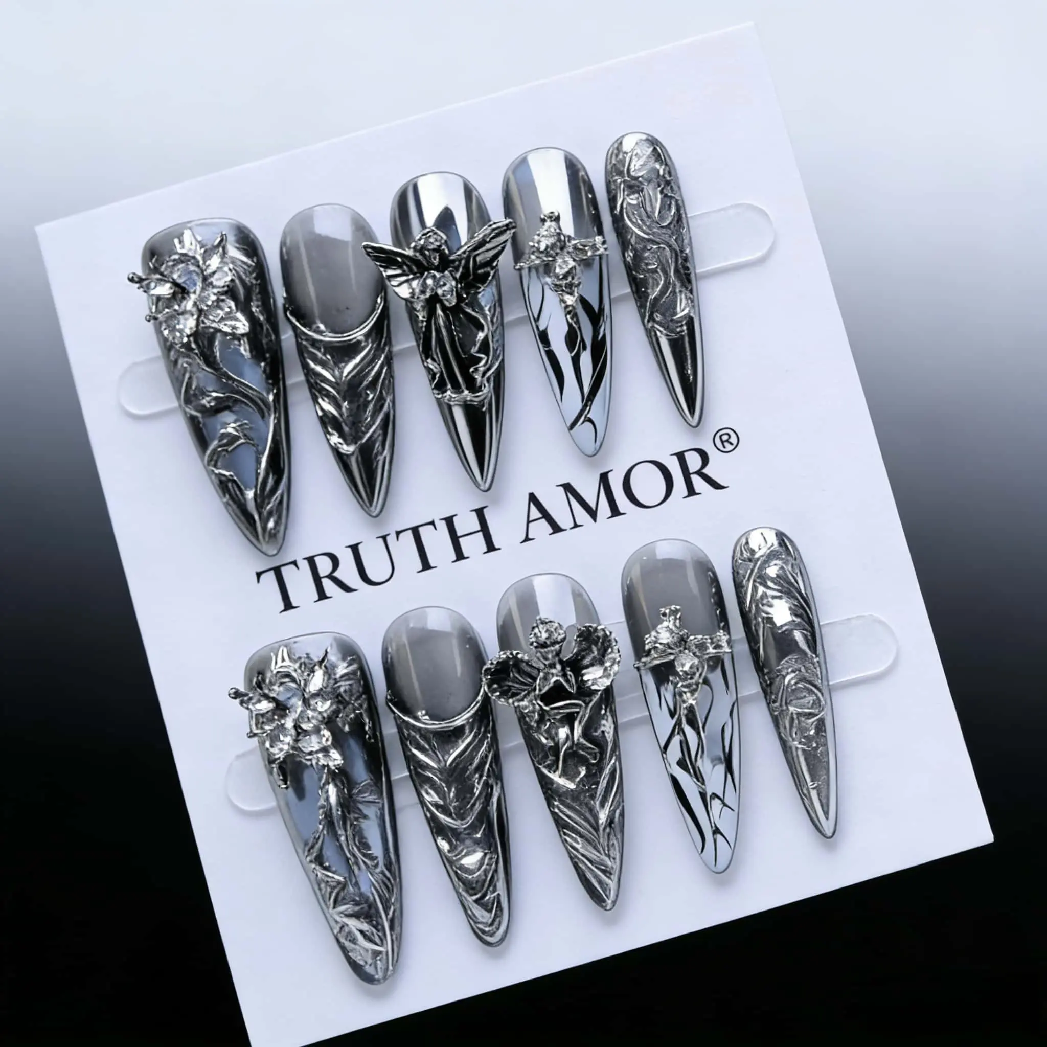 10Pcs TRUTH AMOR Gothic Angel Press On Nails, Long Stiletto Silver Mirror Fake Nails, Metallic 3D Carved Nail Art, Nail Designs, Reusable False Nail Kit, GothicNails, SilverNails, AngelNailArt, PressOnNails
