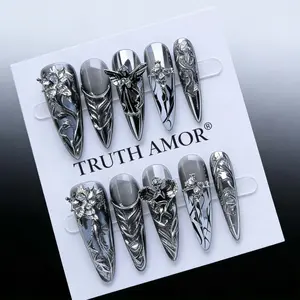 10Pcs TRUTH AMOR Gothic Angel Press On Nails, Long Stiletto Silver Mirror Fake Nails, Metallic 3D Carved Nail Art, Reusable False Nail Kit, GothicNails, SilverNails, AngelNailArt, PressOnNails, Nail extension art, Nail Set