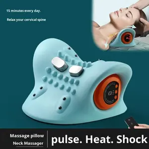Electric multi-functional household heat pulse massage pillow, cervical stretching pillow massage device, portable pillow pain-relieving muscle relaxation cervical traction device, neck massage pillow with heat application and microcurrent functions
