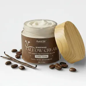 AuraLife ! Whipped Tallow Cream - Coffee Vanilla, Natural Moisturizer for Face & Body, Organic Grass-Fed Beef Tallow, Deep Hydration, Gentle on Sensitive Skin, 4oz Jar