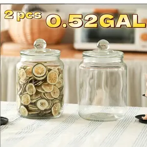 2PCS Glass Jars with Sealing Lids 1/2 Gallon 2000ml Food Storage Containers for Candy Cookies Sugar Flour Pantry Apothecary Canisters with Chalk Label Scoops Transparent Sturdy Thermal Utensils