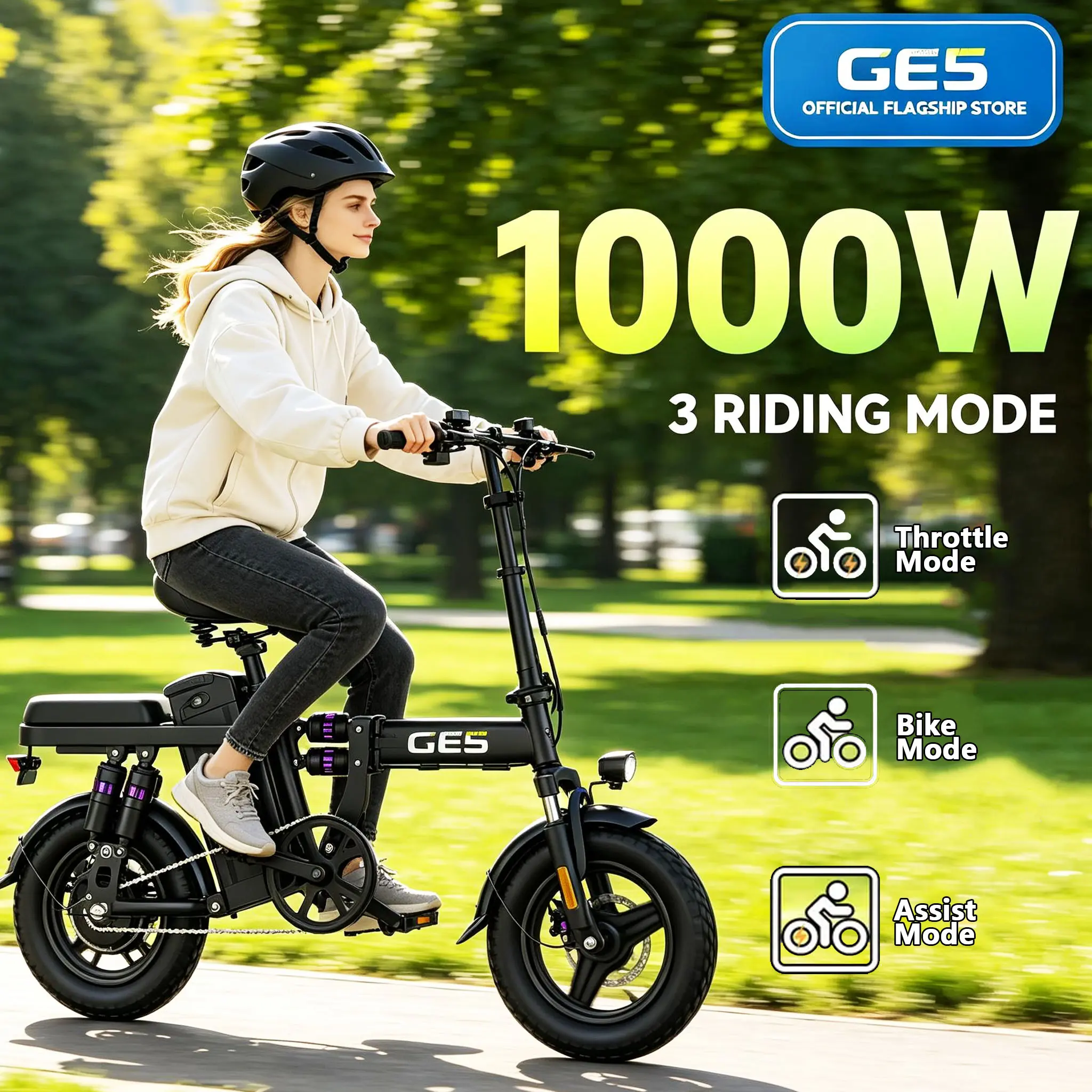 GE5 Urban Folding Electric Bike for Commuters, 750-1000W Peak Motor, 45-Mile Max Range, 14" Tubeless Tires, Dual Disc Brakes, UL-Certified Removable Battery, Lightweight Compact Design