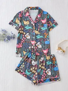 Women's 2-Piece Pajama Set, Animal All-Over Print, Fitted Short Sleeve Top, Loose Comfortable Shorts, Cute Sweet Home Wear