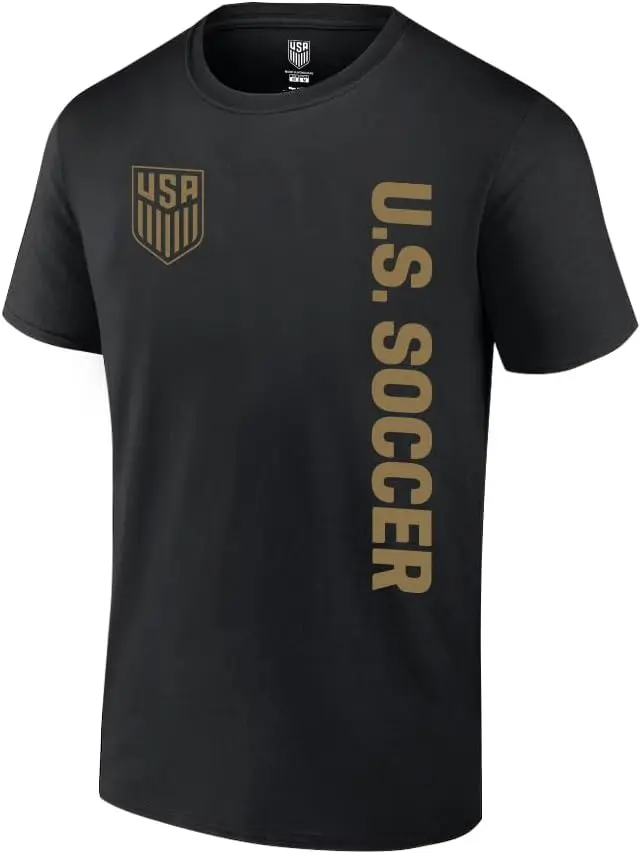 U.S. Soccer Federation USMNT Adult Solid Logo T-Shirt | Side Print, Black Gold Logo