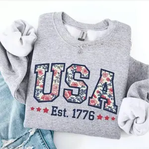 Baian - USA Floral Sweatshirt - 4th of July Sweatshirt, Varsity Style Patriotic USA Crewneck, Cozy Gift for Independence Day, Memorial Day Shirt