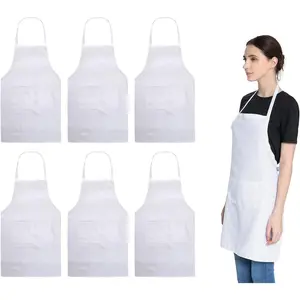 Total 6 count White Apron for Women Adult Unisex Plain Color Bib aprons with 2 Front Pockets Washable Chef Aprons for Cooking Baking Kitchen Restaurant Crafting