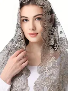 Beautiful Pewter Gold and Black Mantilla - Heavy Embroidered Lightweight Catholic Woman Tradition Headpiece