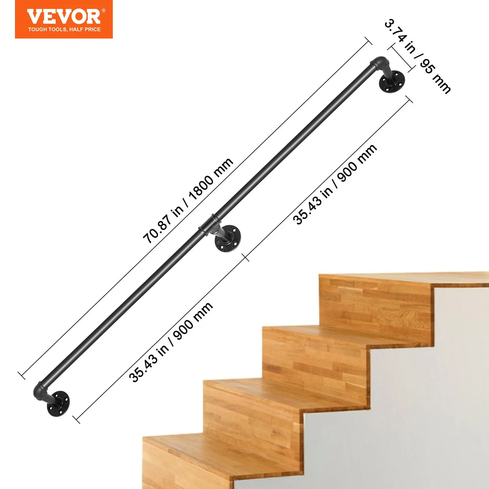 【summerfinds】VEVOR Pipe Stair Handrail, 6FT Staircase Handrail, 440LBS Load Capacity Carbon Steel Pipe Handrail, Industrial Pipe Handrail with Wall Mount Support, Round Corner Wall Handrailings for Indoor, Outdoor