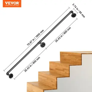 VEVOR Pipe Stair Handrail, TikTokShopBlackFriday, 6FT Staircase Handrail, 440LBS Load Capacity Carbon Steel Pipe Handrail, Industrial Pipe Handrail with Wall Mount Support, Round Corner Wall Handrailings for Indoor, Outdoor