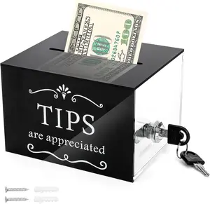 Tip Jar for Money, 6 x 4 x 5 Inch Acrylic Tip Collection Box with Lock, Wall-Mounted Donation Suggestion Box, Raffle Cash Money Storage Container for Bartender Bar Restaurant Musicians Driver