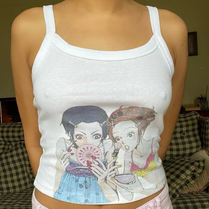 Girls' Nana and Hachi Anime Cotton Spaghetti Strap Cropped Tank Top, Casual Sleeveless White/Cream Manga Clothes, Kids' Fashion Japanese Sleeveless Top, Gothic, Graphic, Fitted, Anime Graphic