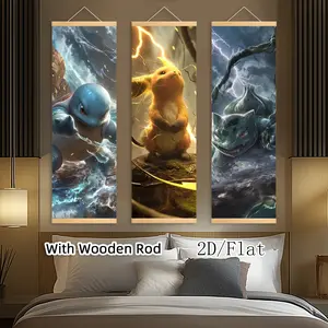 [2D-Flat]3pcs Exquisite Posters Canvas Wall Art Japanese Anime Wooden Scroll Hanging Painting, With Wooden Ord Art Decor HD Poster, Pattern for Living Room, Best Gift for Friends, Indoor-Outdoor Decor, Ink HD Fade-Resistant Art