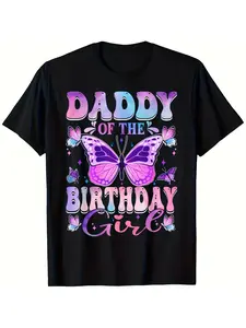 Daddy Of The Birthday Girl Butterfly Design T Shirt for Fathers Celebrating Daughters Special DayMen's Casual Short Sleeve Crew Neck T Shirt Medium Stretch Breathable Fabric Machine Washable Spring Summer Top Casual Attire Playful Graphic Tee