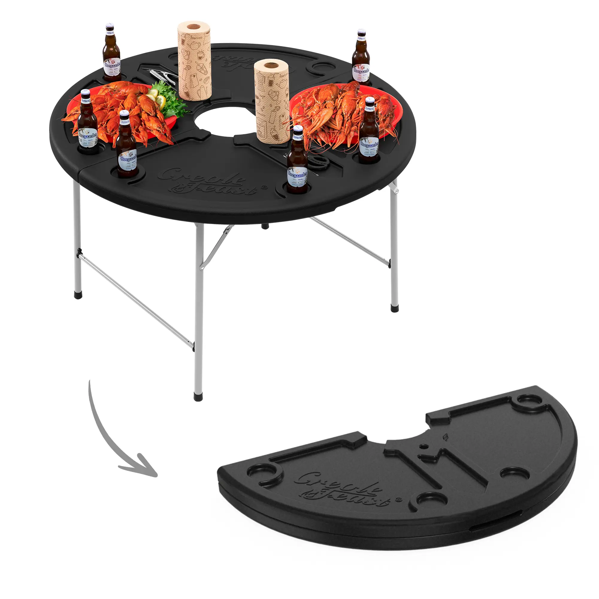 Creole Feast 47-Inch Foldable Crawfish Table, Round Seafood Table with Storage Compartments & Paper Towel Holders, Portable Camping & Picnic Table for Indoor & Outdoor Use, Black