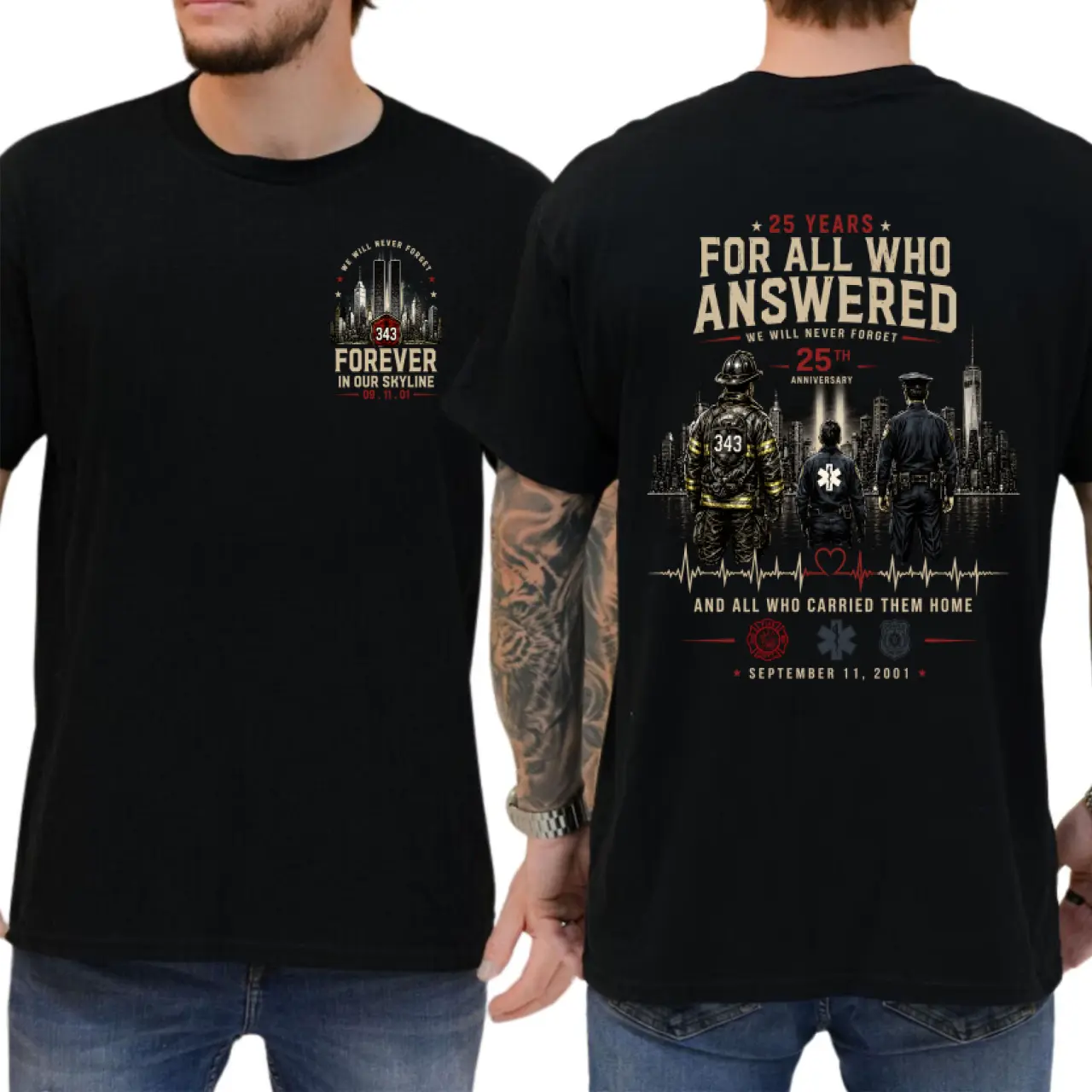 Never Forget 9/11 T-Shirt 25th Anniversary First Responders Shirt Firefighter Paramedic Police Officer Support Tee Patriotic NYC Graphic T-Shirt