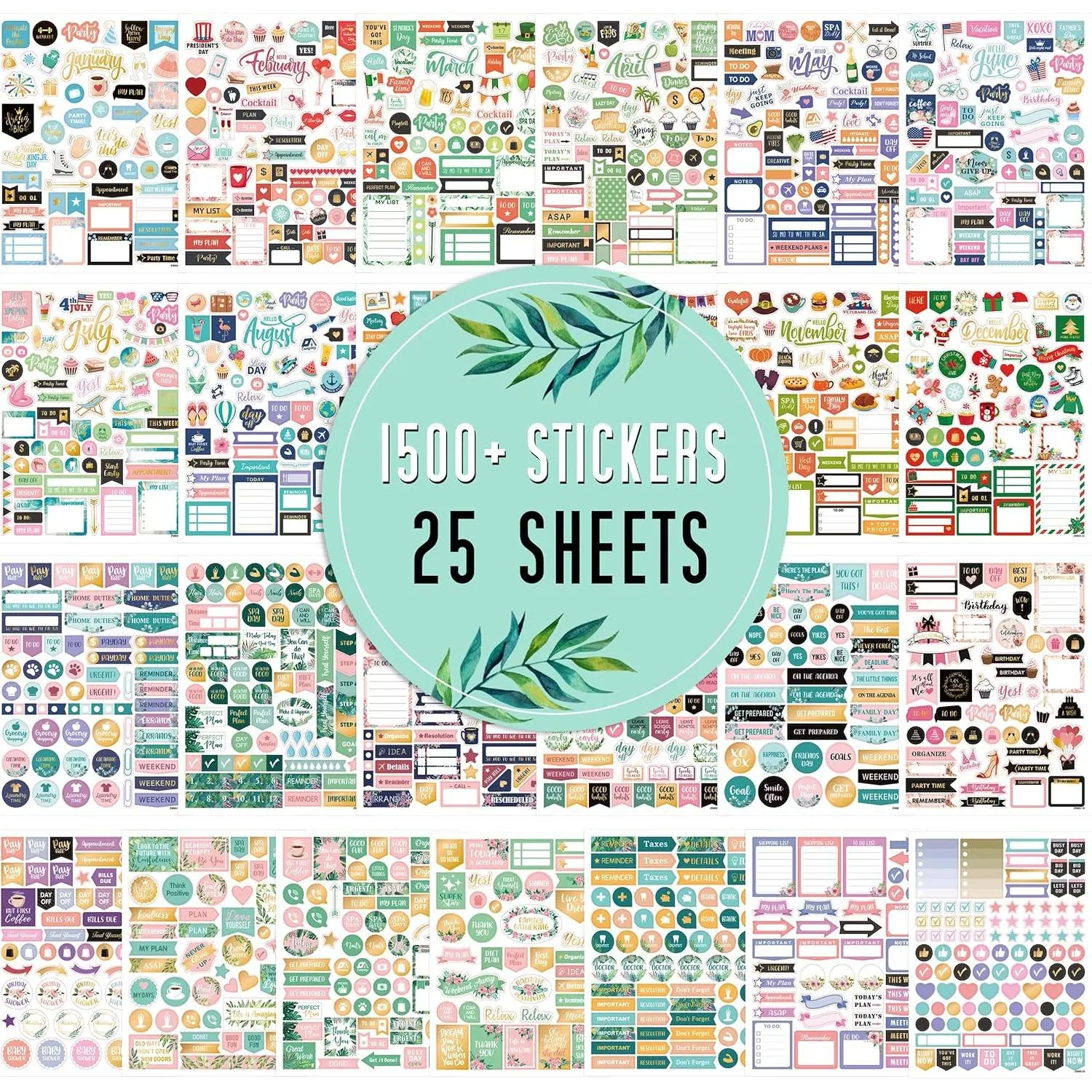 Monthly Planner Stickers and Accessories, 25 Pages, 1,500+ stunning functional and colorful stickers. Calendar includes festival-themed journal stickers.