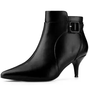 BLISSFUL STEP Pointy Toe Zipper Buckle Decor Kitten Heels Ankle Boots
