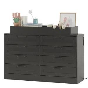 8-Drawer Nursery Dresser with Changing Station – Detachable Guardrail, Anti-Tip Kit, Black Wood Finish
