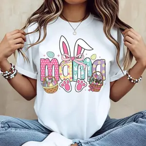 Easter Bunny Mama TShirt Featuring White Bunny Ears Basket And Paw Prints Perfect For Spring Celebrations