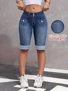 Women's Printed Leggings, Cropped, Pocket, Non-Denim Fabric, Casual & Stylish Design, Perfect for Daily Wear, Comfort, Fit