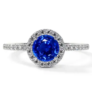 Classic Round Untreated Blue Sapphire Halo Ring with Prong Set Diamonds (1.35cttw)- RBS001-6X6-AAAAA