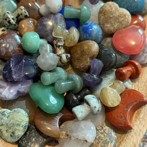 Mystery Bag of Moon, hearts, and mushroom carvings