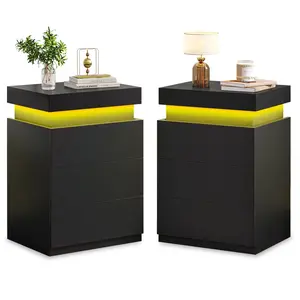 SIKAIC 2PCS Black Nightstand - Indoor Furniture with Built-in LED Lights, Charging Station