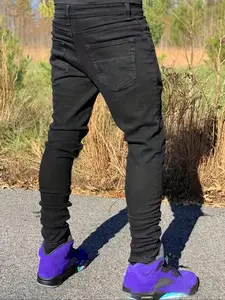 Men's Fitted Casual Solid Color Jeans, Elastic Straight Leg Pants with Slant Pockets, Soft Cotton Fabric for All Seasons, Jeans Bottom