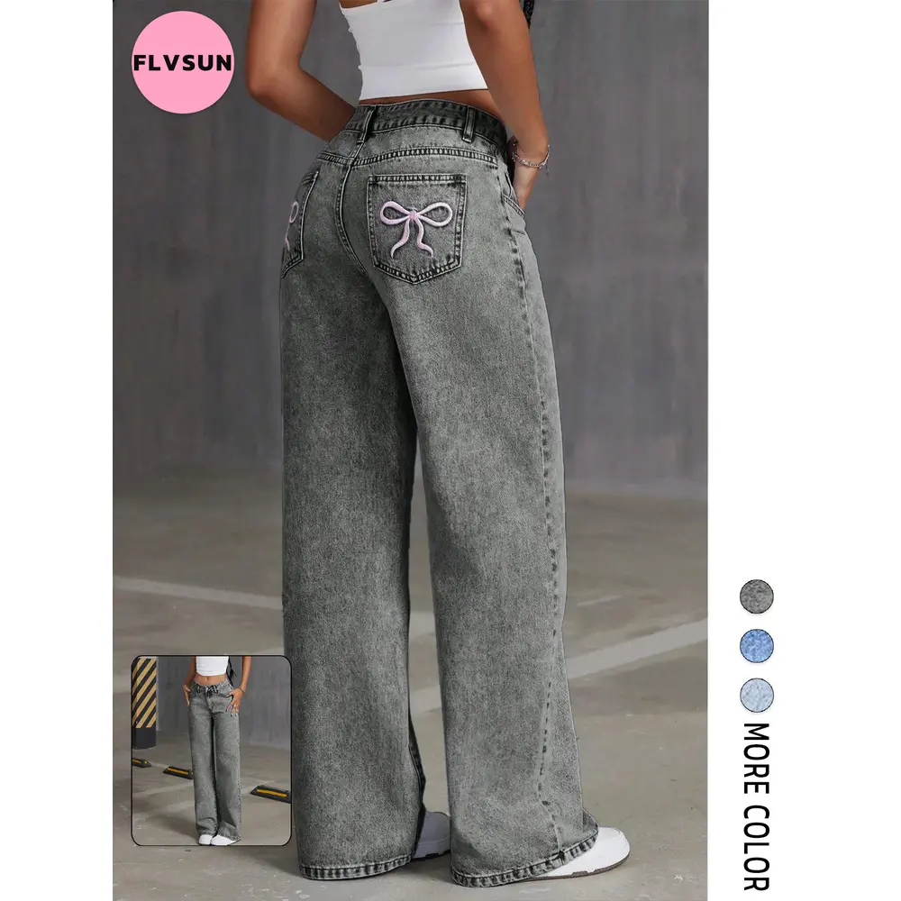 Flvsun Minimalist Women's Mid-Waist Cotton Wide-Leg Washed Oversize Jeans - Embroidered Bow, Slanted Pockets, Solid Color, 2000s Vintage Clothes, All-Seasons Streetwear, Machine/Cold Washable, for Easter, Date Night, Outdoors, Oversized, Denim, Bottom, St