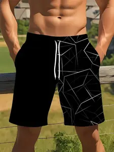 Men's Fashion Beach Shorts, Bottom Cross Striped Pattern, Casual Polyester Drawstring Waist, Lightweight Comfortable Summer Wear