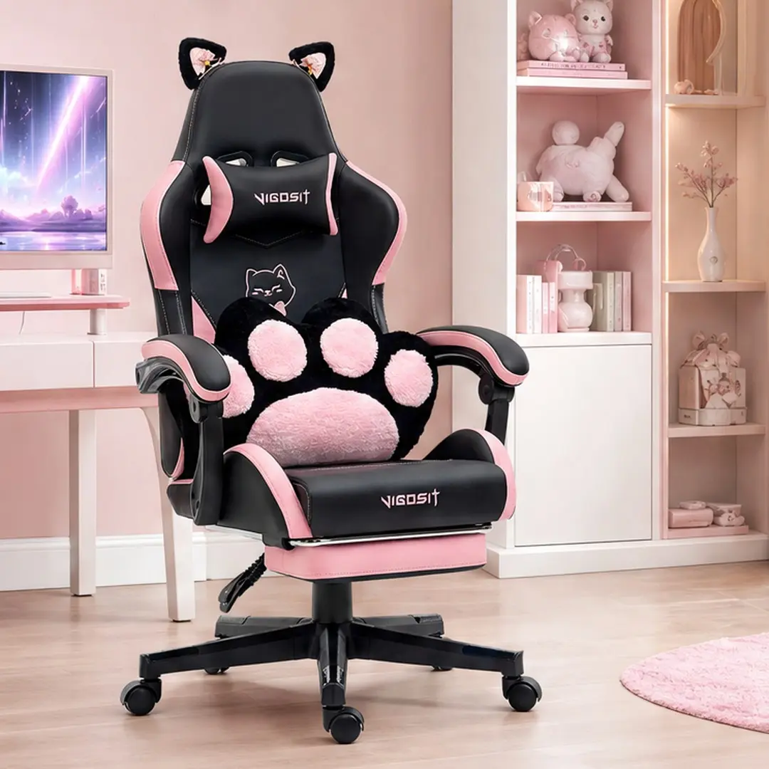 ARCH Cute Cat Gaming Chair with Paw Lumbar Cushion for Women Teens, PC Gamer Chair with Adjustable Headrest, PU Leather Ergonomic Computer Desk Chair with 155° Recline, Black, Black Color Options, PU Leather Material, Product Weight: 42.99 lb