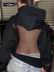 DOUCIU Trendy Versatile Loose-Fitting Casual Hip-Hop Style Women'S Silver Mesh Patchwork See-Through Solid Color Hooded Sweatshirt Tops Womenswear