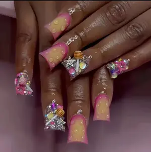 24pcs Duckbill Shaped Gradient 3D Press-On Nails With Candy, Star And Glitter Designs, Includes Jelly Glue And Nail File, Suitable For All Women For Daily Wear And Charming Fingertips.