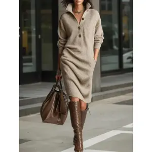 Women's Elegant Collar Sweater Dress with Button Front Closure Loose Straight Fit Mid-Length Pencil Skirt Soft Warm Winter Dress for Casual to Semi-Formal Occasions Wrinkle-Resistant Easy Care Solid Mustard-Yellow Color Fall Winte