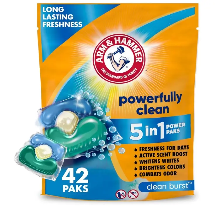 ARM & HAMMER Clean Burst 5-in-1 Laundry Detergent Power Paks, Powerfully Clean, Clean Burst Scent, 42 Count