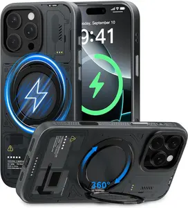 360° Magnetic Kickstand Case for iPhone 15 Pro Max (6.7”) – Shockproof Translucent Matte Cover with SD/TF & SIM Storage, Full Camera Protection, MagSafe Compatible – Black