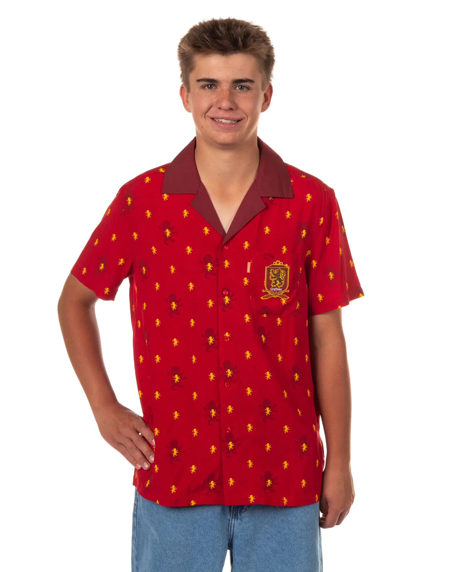 Harry Potter Hawaiian Shirt Men's Gryffindor Button Up Woven Top (Large), Streetwear, Apparel, Rayon