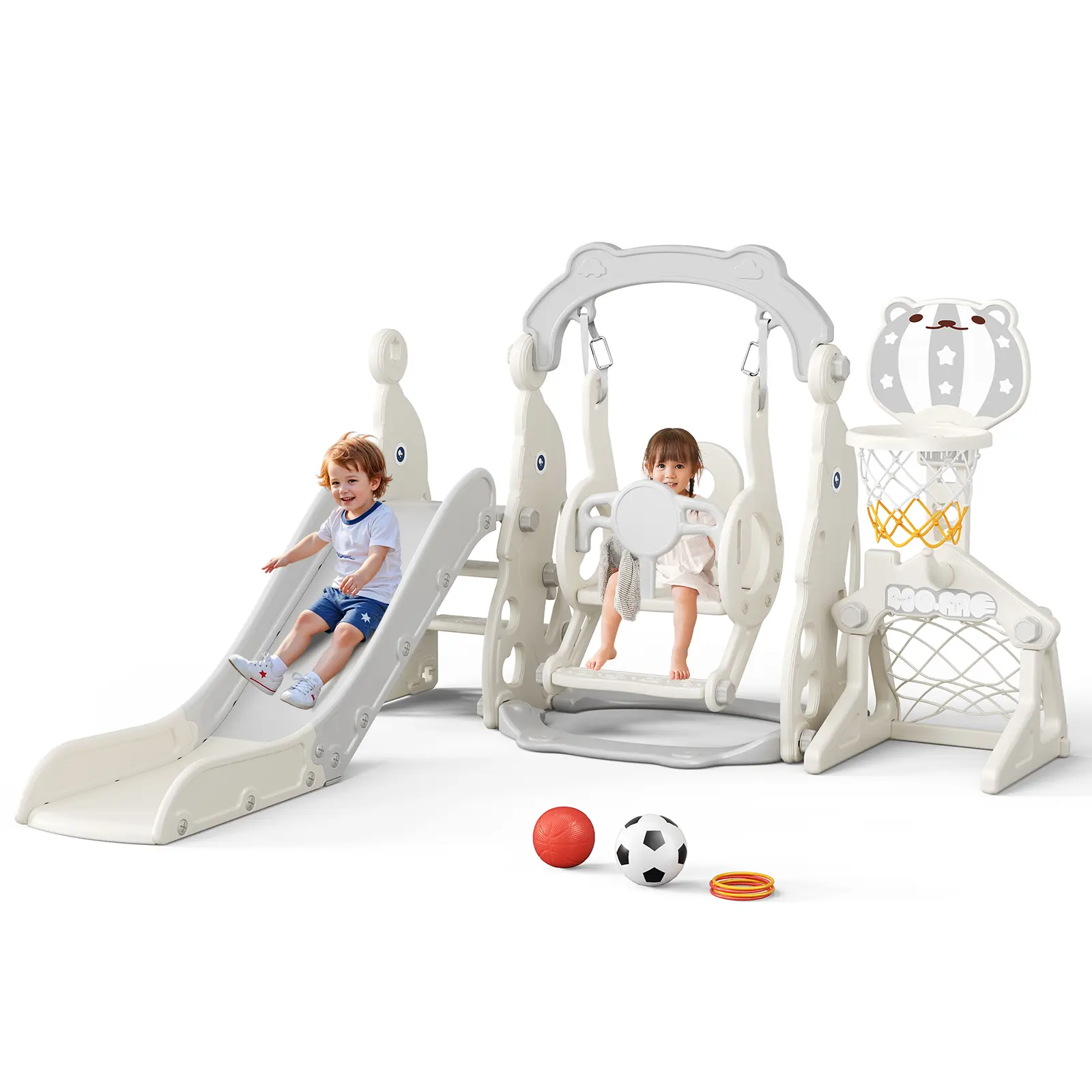Children's indoor and outdoor multifunctional slide, swing with swing, ladder climbing, basketball hoop throwing (beige)