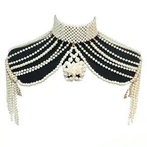 Women Woven Pearl Beaded Necklace High Collar Body Jewelry Bib Shoulder Chain