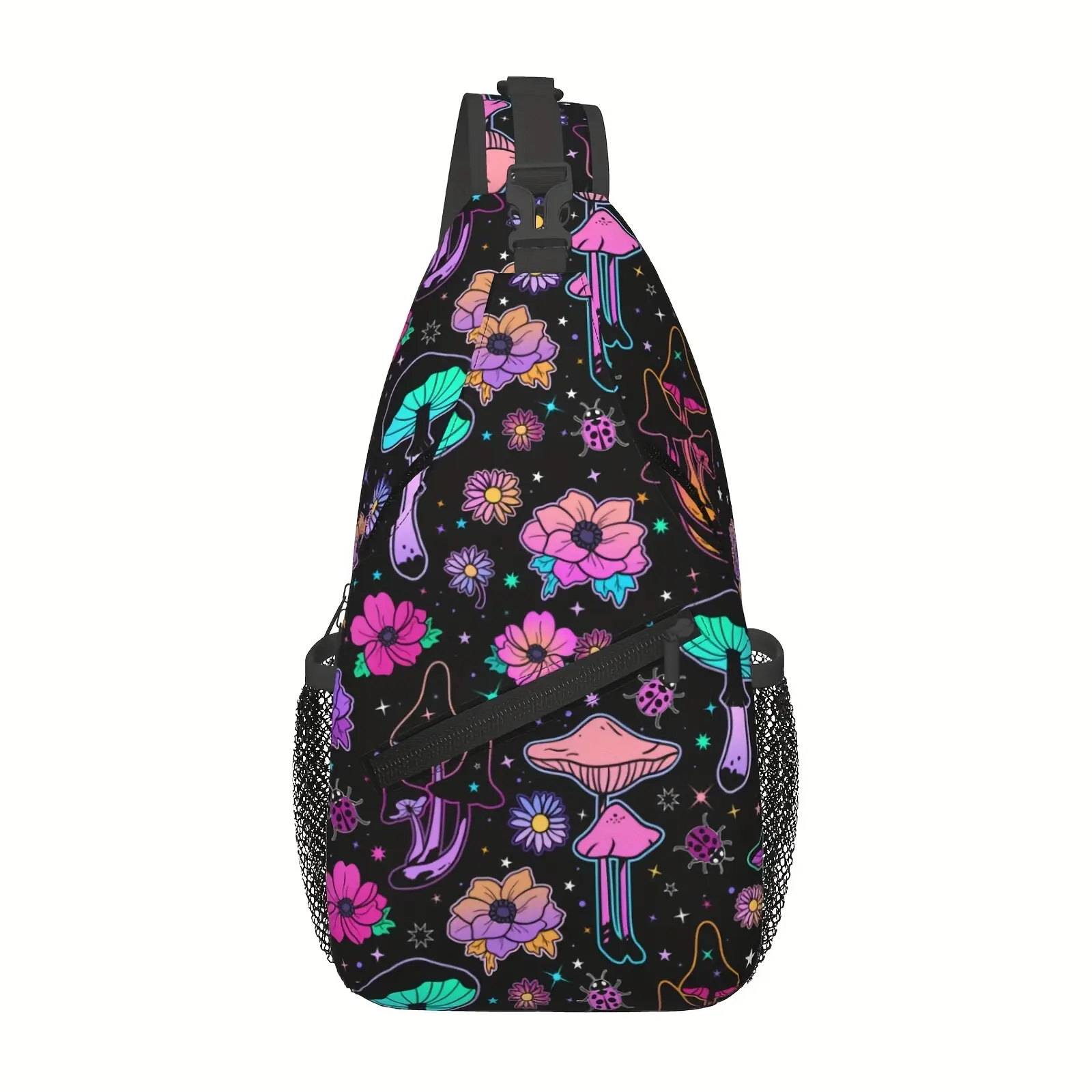 Men's Crossbody Chest Bag with Colorful Mushroom Floral Print, Adjustable Hands-Free Polyester Sling Pouch with Side Pockets for Hiking & Travel, Adjustable Hands-Free Men's Fanny Packs & Belt Bags, Belt Pouch Organizer Men's Fanny Packs & Belt Bags