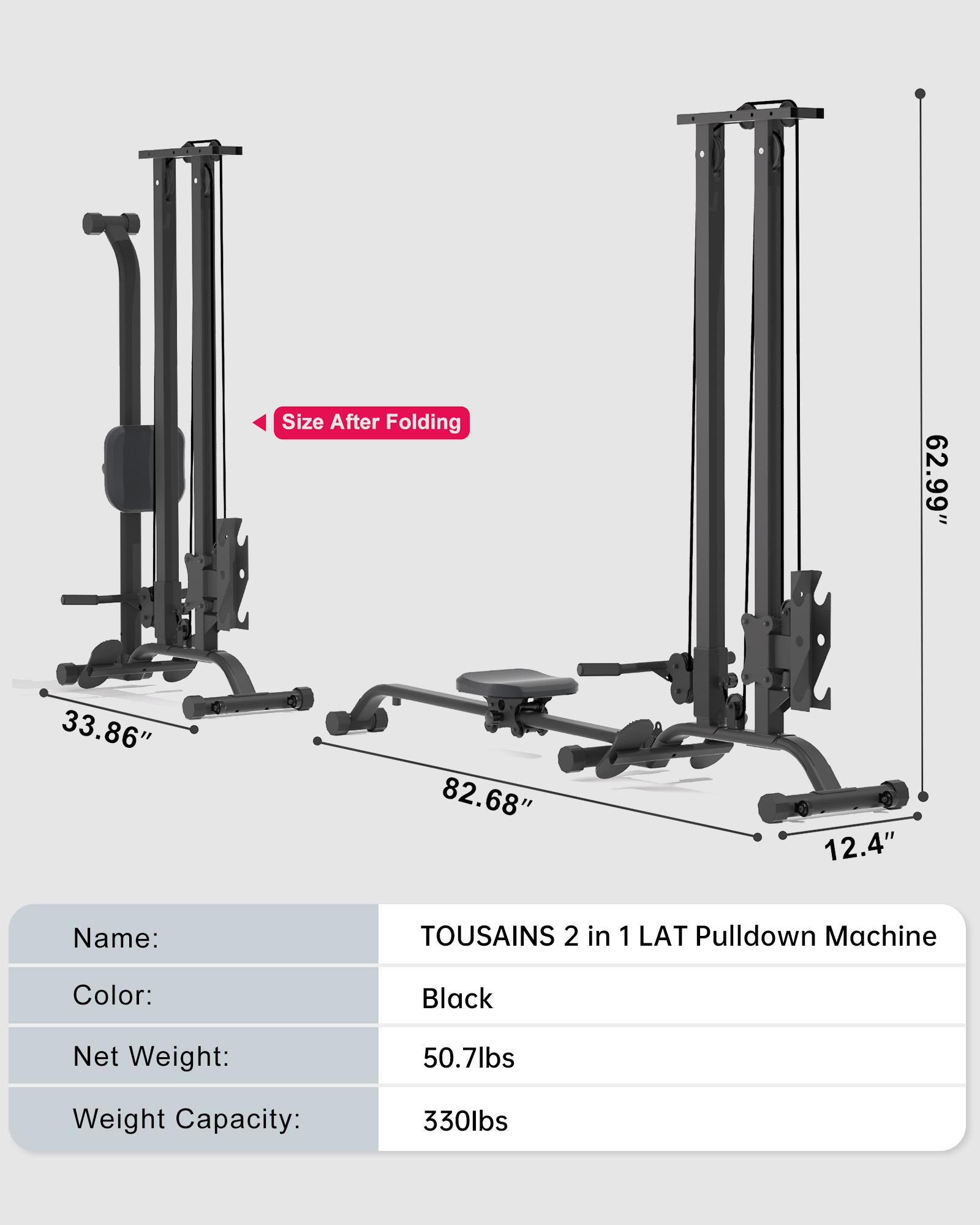 TOUSAINS Foldable Lat Pulldown & Low Row Cable Machine — 330LBS Capacity Foldable LAT Tower for Home Gym, Cable & Row System with Dumbbell Clamps