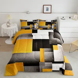 Yellow Grey Black Buffalo Check Designer Comforter Set,Geometric Comforter,Luxury Bedding Set With Pillow ,Plaid Abstract Art Duvet Set