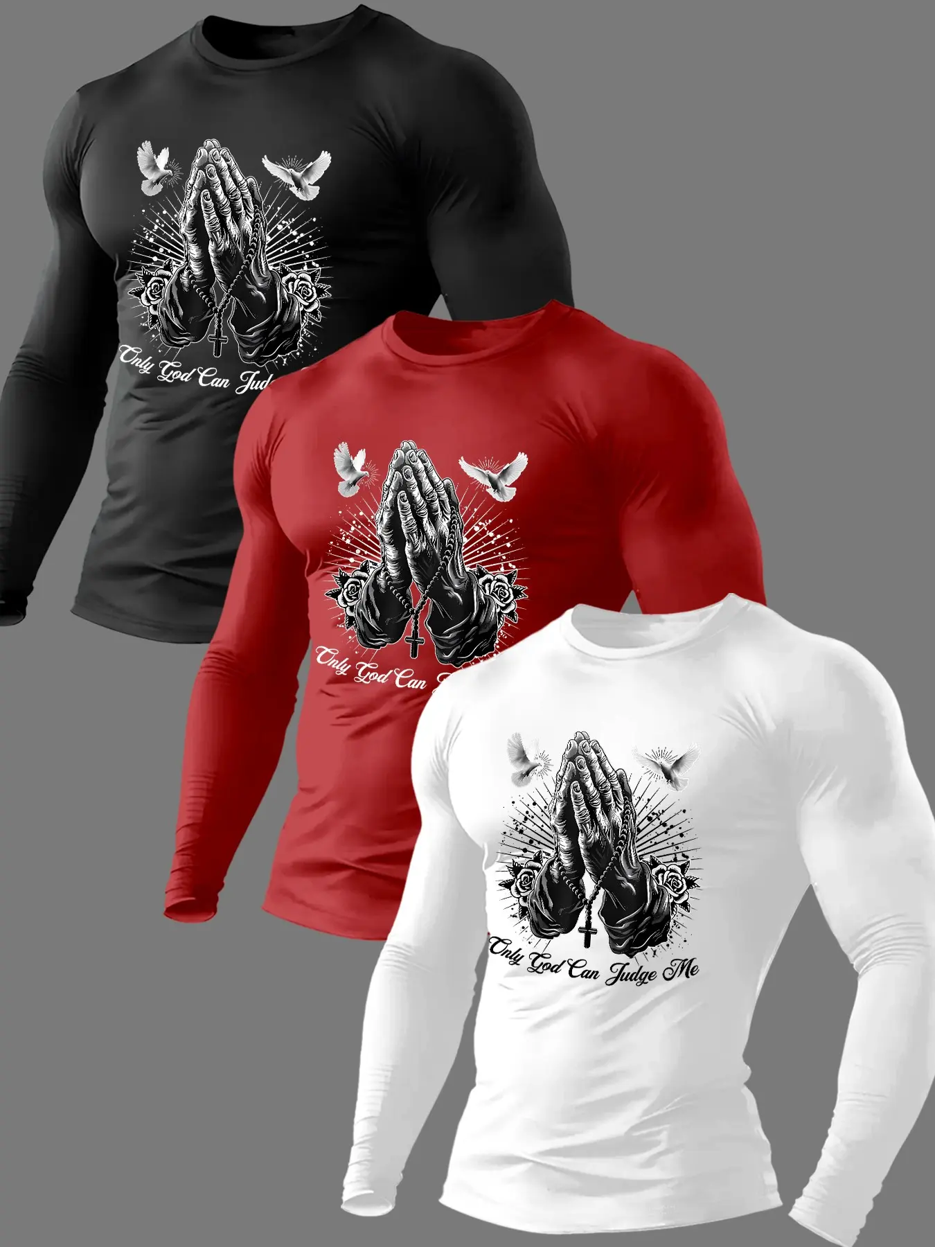 Men's Classic 3-Piece Set Letter Palm Print Graphic Long Sleeve T-Shirt, Casual Fitted Bottom Layer, Spring & Fall Fashion