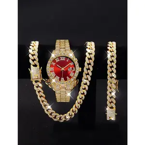 3-Piece Luxury Alloy Full Diamond Rhinestone Mirror Men's Quartz Watch with Calendar & Hip-Hop Style Cuban Necklace Bracelet Set excellent choice