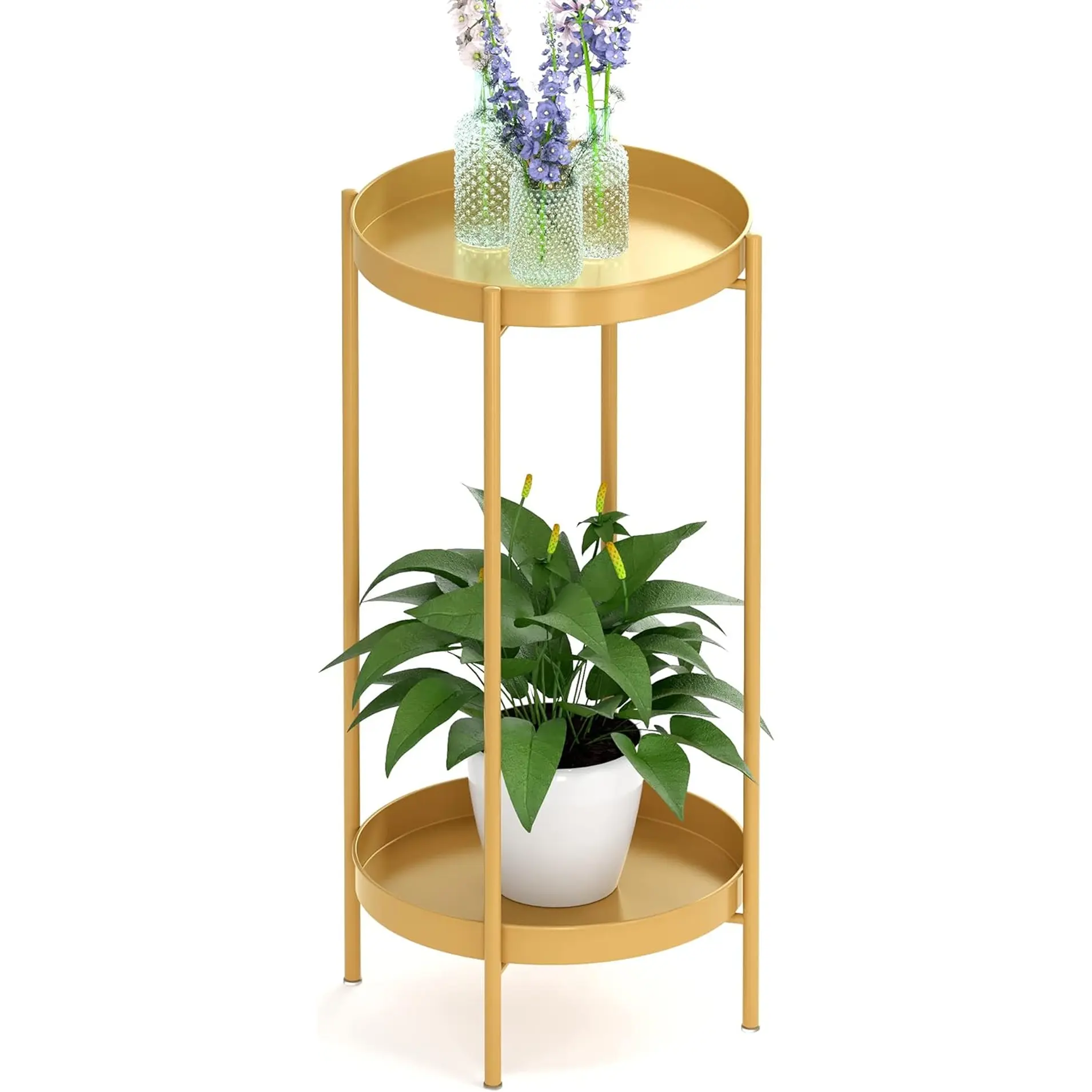 OVICAR Plant Stand Indoor Outdoor - Flower Pot Holder Metal Plant Rack Organizer, 2 Tiers Tall Plant Display Storage Shelf Table for Home Garden Patio Bathroom Office Living Room Balcony Corner (Gold)
